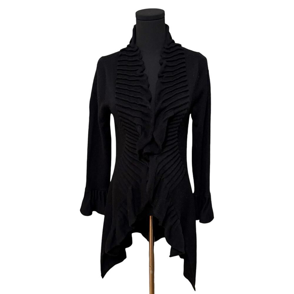 NEW Alison Sheri Cardigan Knit Sweater Open Front Ruffle Witchy Black Medium